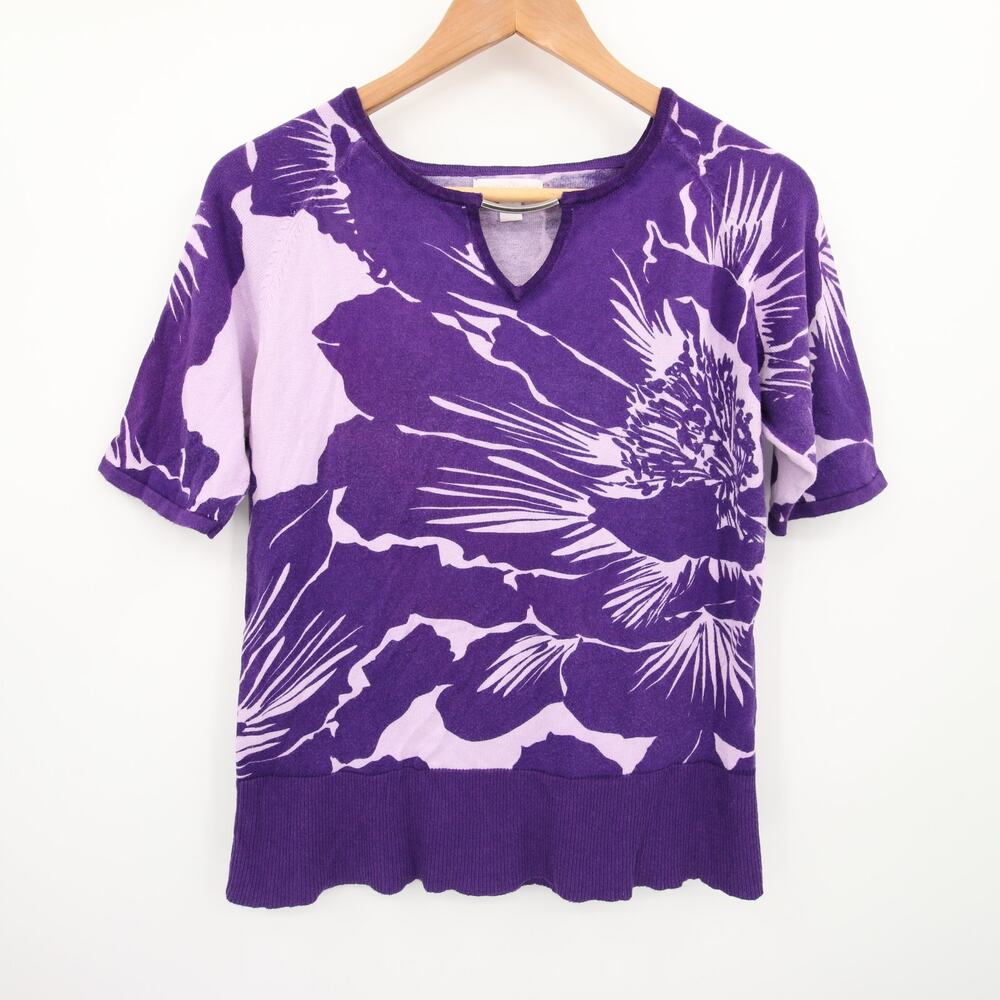 New York and Company Sweater Top Purple Floral Short Sleeve Crew Neck Keyhole L